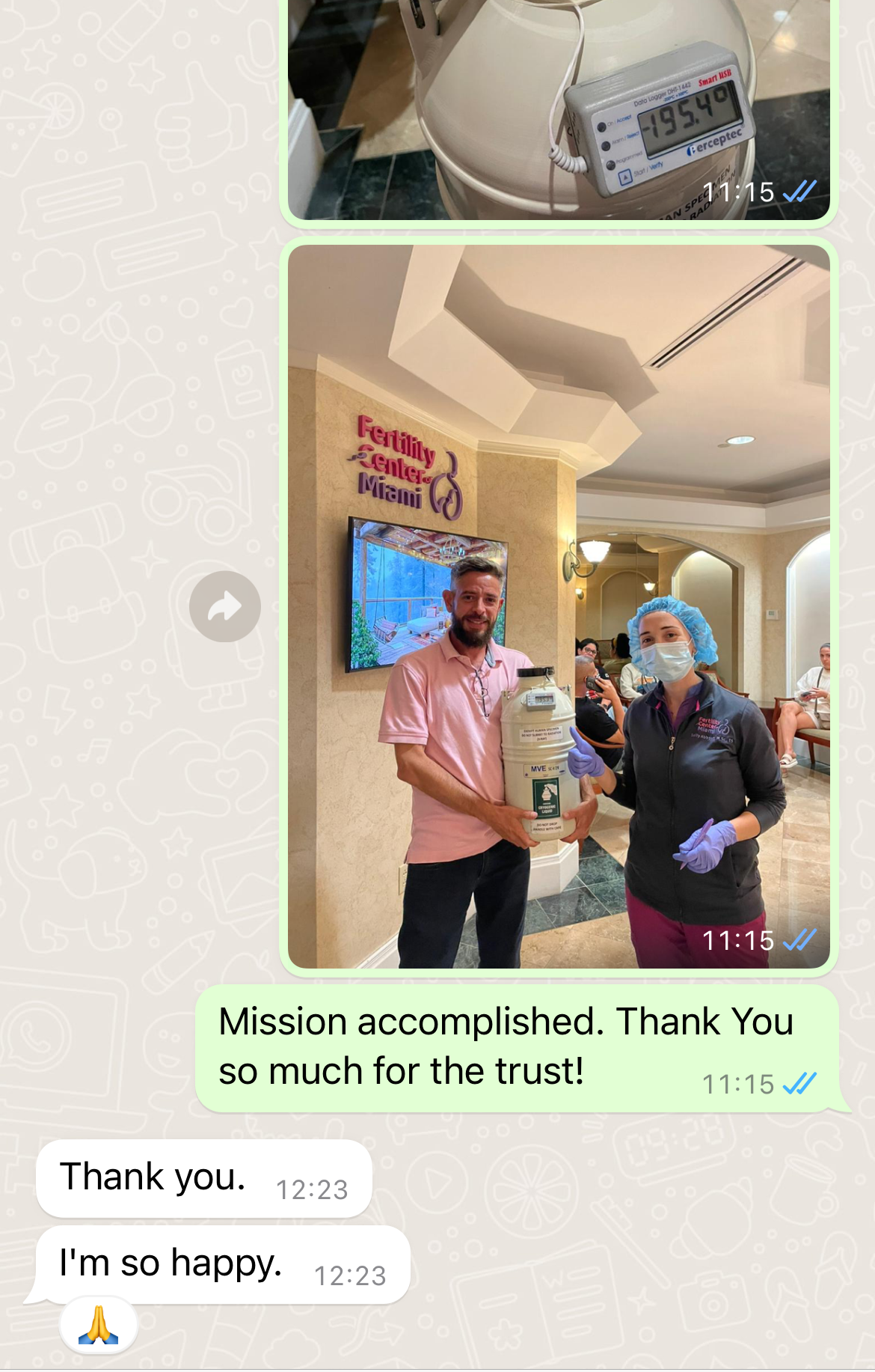 Successful IVF treatment client sharing her testimony about our company's safety and care in transporting embryos.