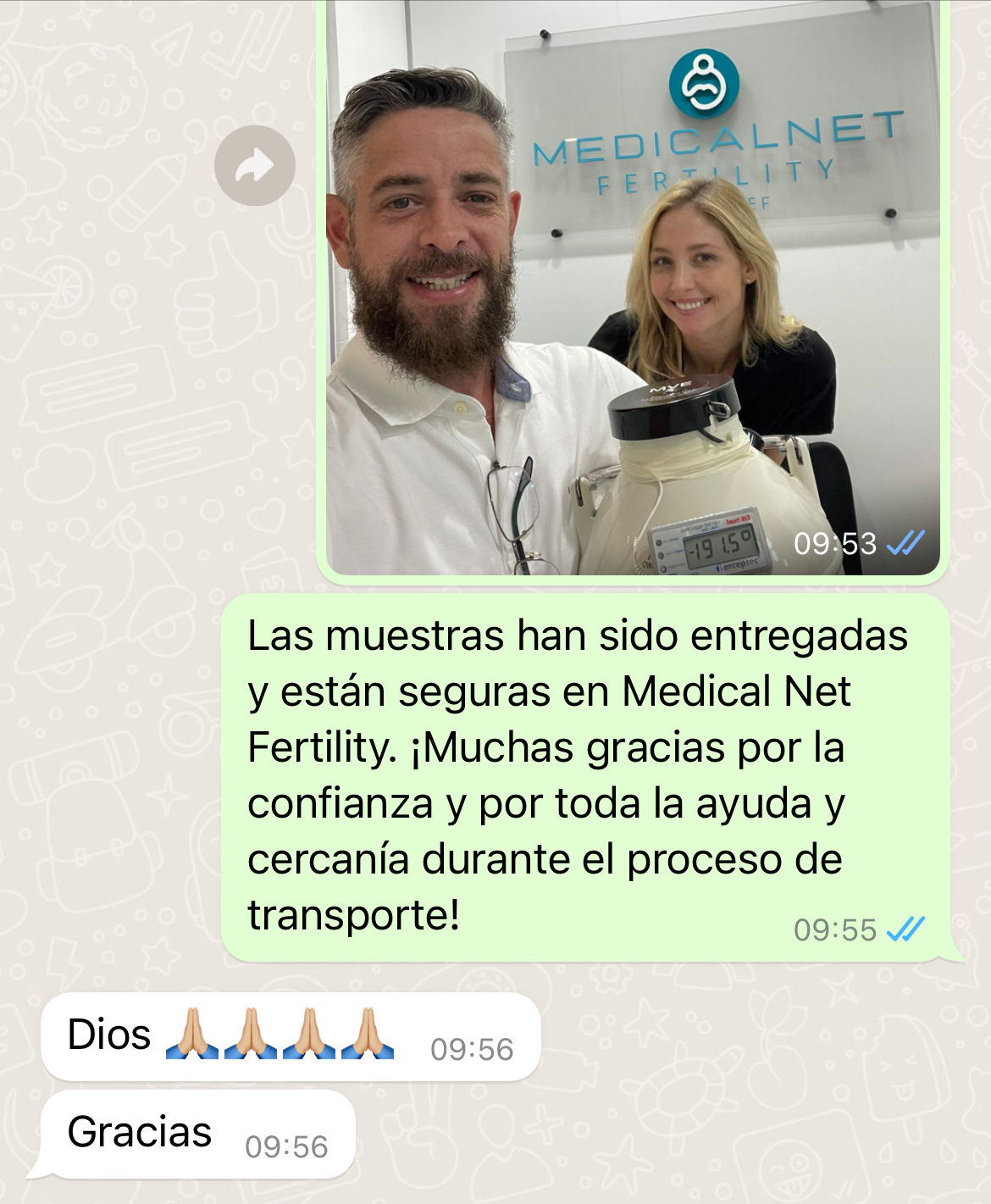 Successful IVF treatment client sharing her testimony about our company's safety and care in transporting embryos.