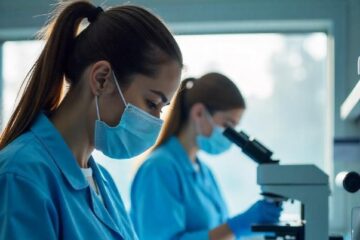 embryologists analyzing biological material