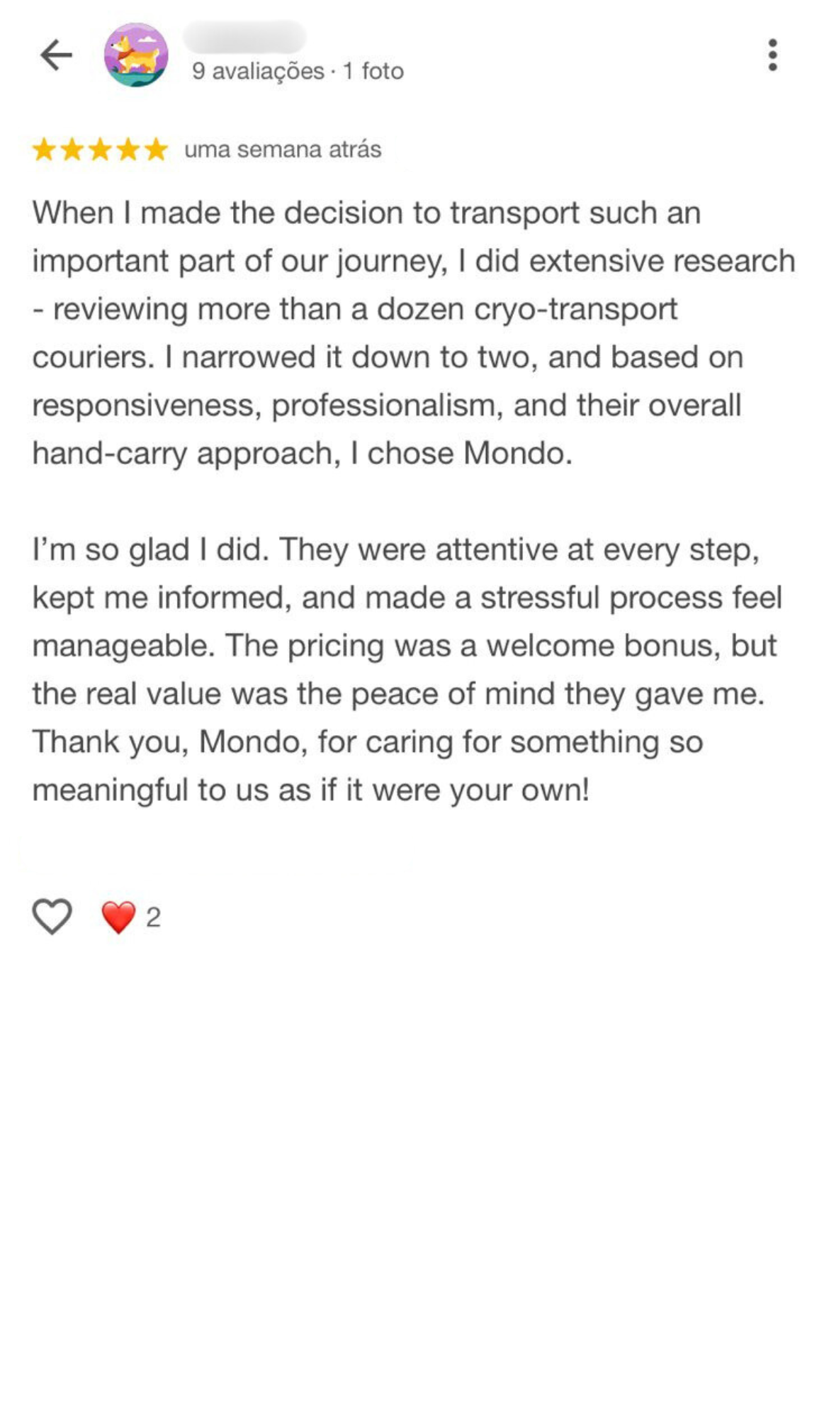 Successful IVF treatment client sharing her testimony about our company's safety and care in transporting embryos.