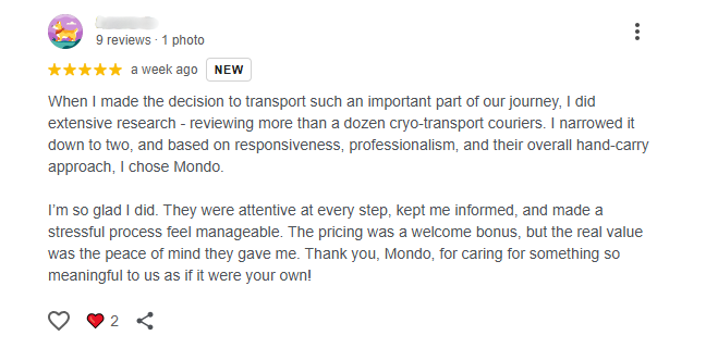 Successful IVF treatment client sharing her testimony about our company's safety and care in transporting embryos.