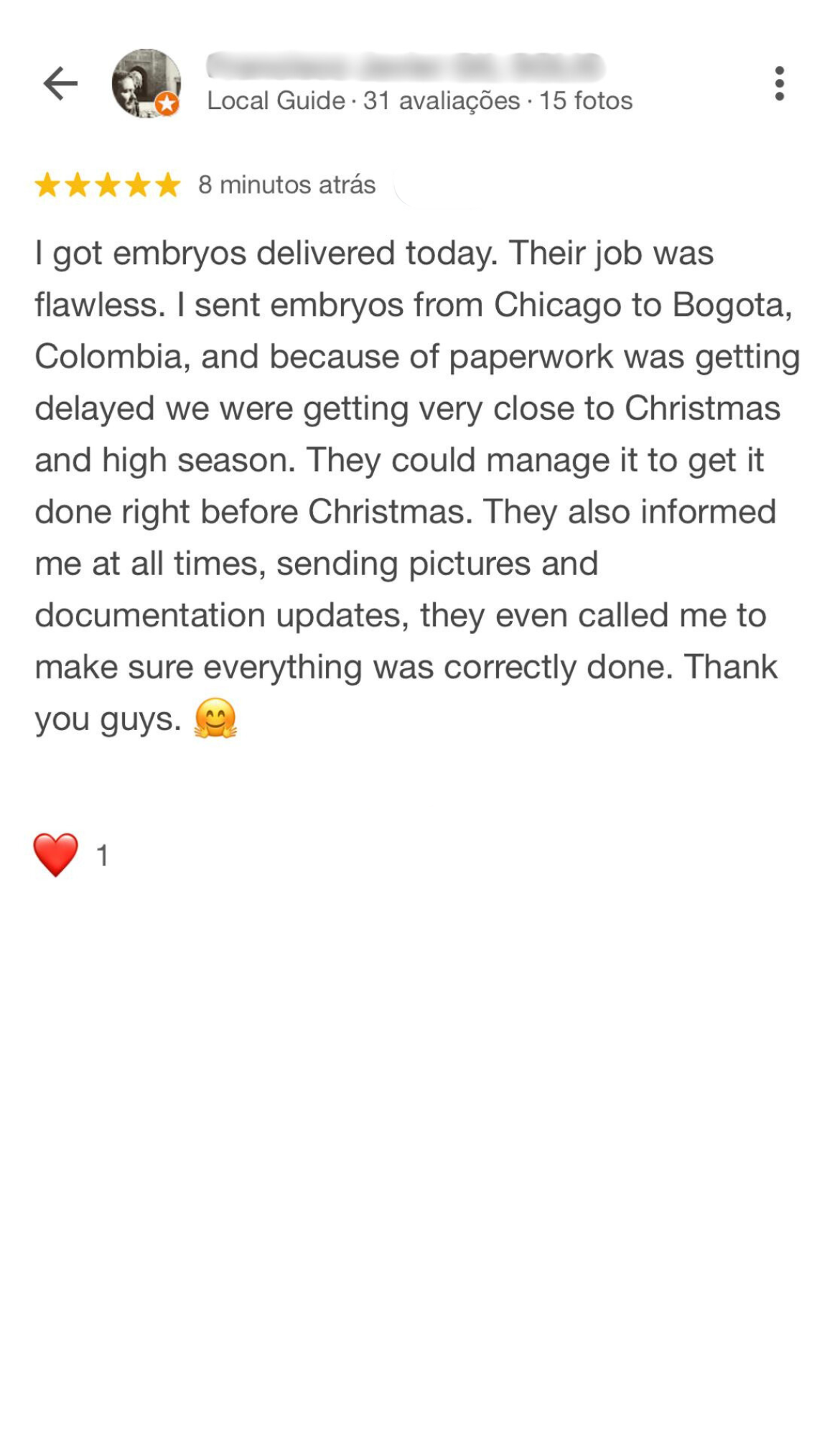 Successful IVF treatment client sharing her testimony about our company's safety and care in transporting embryos.