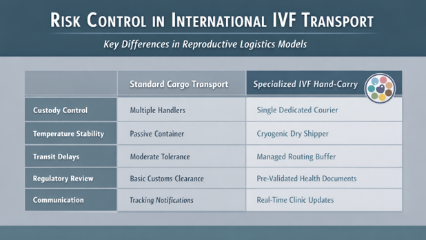 Comparison table between Standard Cargo and Specialized IVF Hand-Carry logistics, focusing on custody, temperature, and regulatory review.