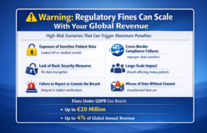 Infographic showing high-risk scenarios for regulatory fines in medical logistics, including GDPR penalties up to €20 million.