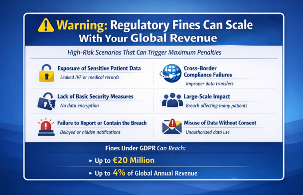 Infographic showing high-risk scenarios for regulatory fines in medical logistics, including GDPR penalties up to €20 million.