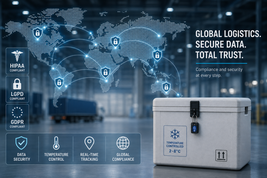 A locked 2-8°C temperature-controlled medical transport container in a warehouse with global compliance badges for HIPAA, LGPD, and GDPR.