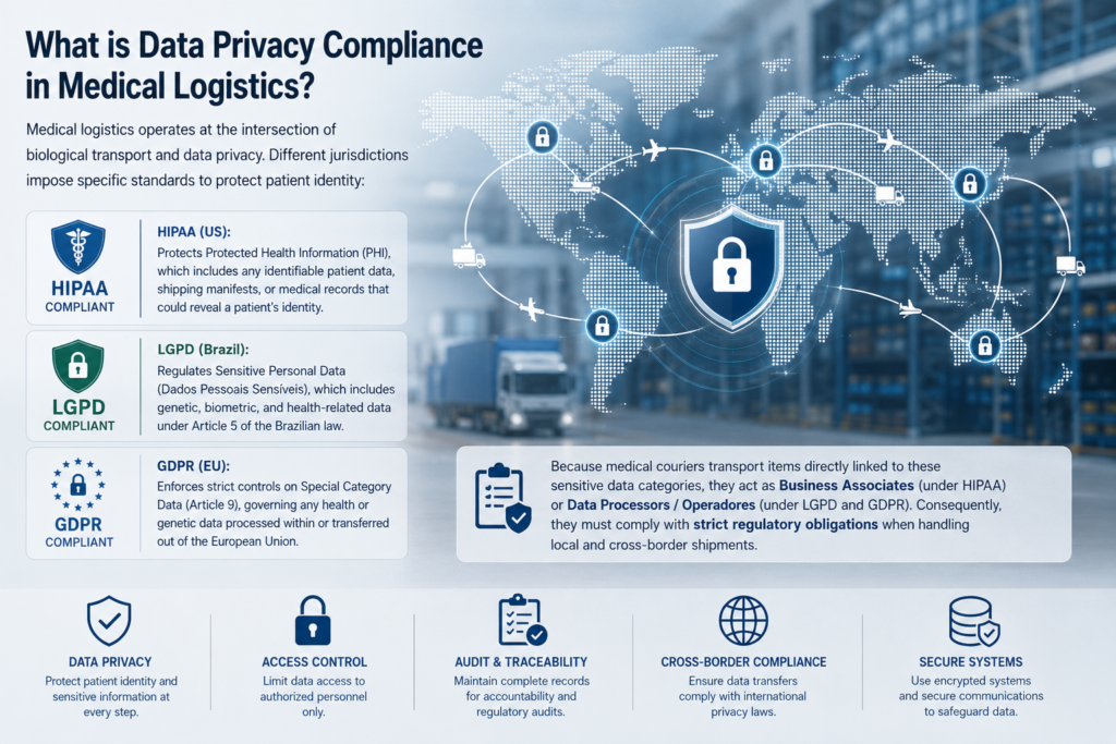 Infographic explaining data privacy compliance in medical logistics, highlighting HIPAA, LGPD, and GDPR regulations along with key security protocols.