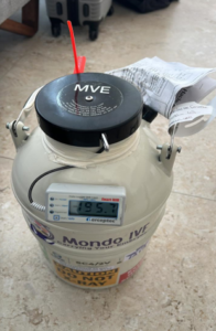 A specialized Mondo IVF cryogenic shipper container equipped with a Perceptec smart USB data logger displaying a temperature of minus 195.7 degrees Celsius.