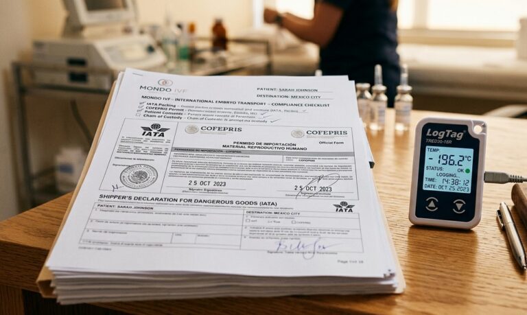 International embryo transport import permits, compliance documents, and cryogenic temperature logger.